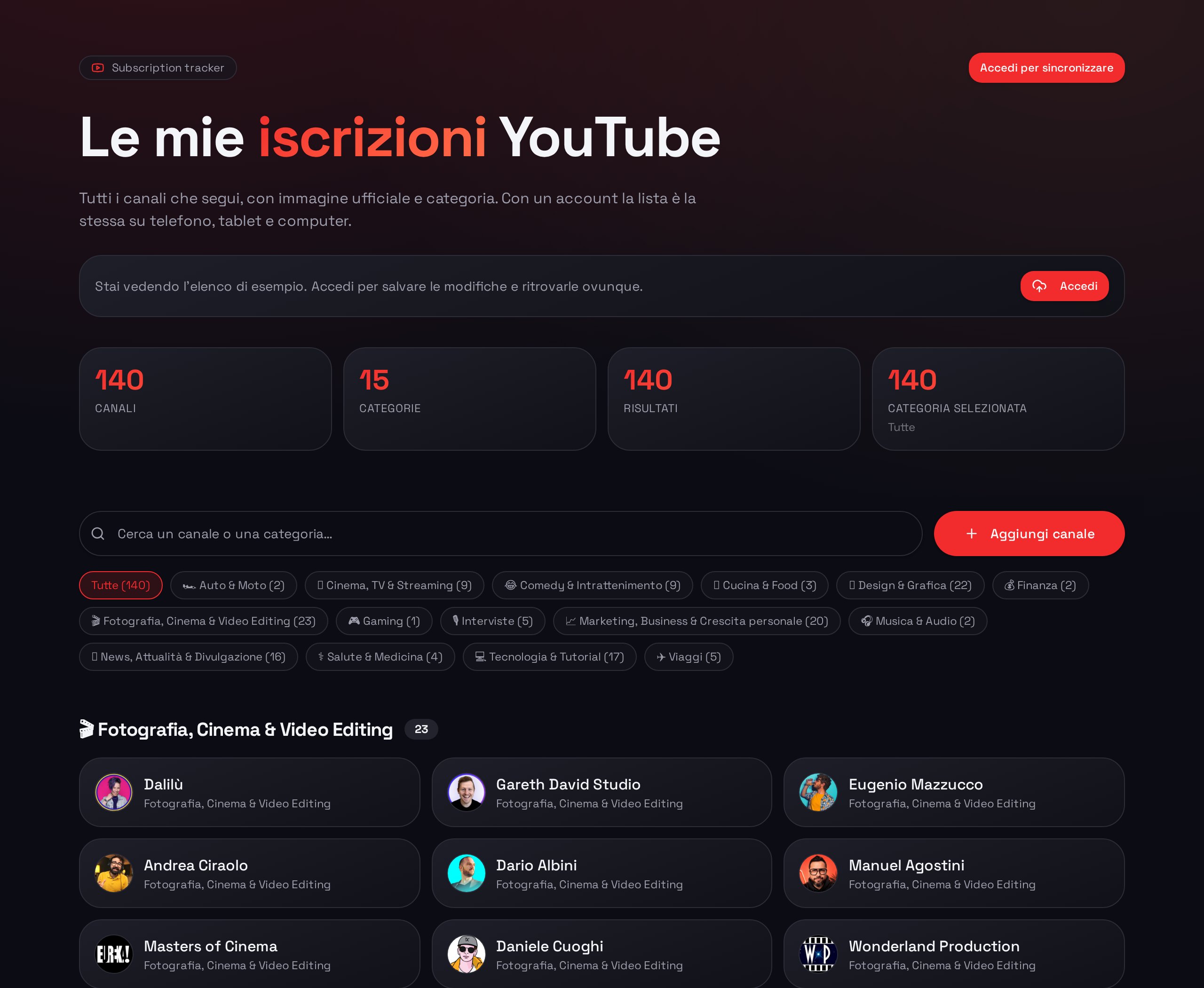 Dashboard di Channel Keeper Buddy con le iscrizioni YouTube organizzate per categoria
